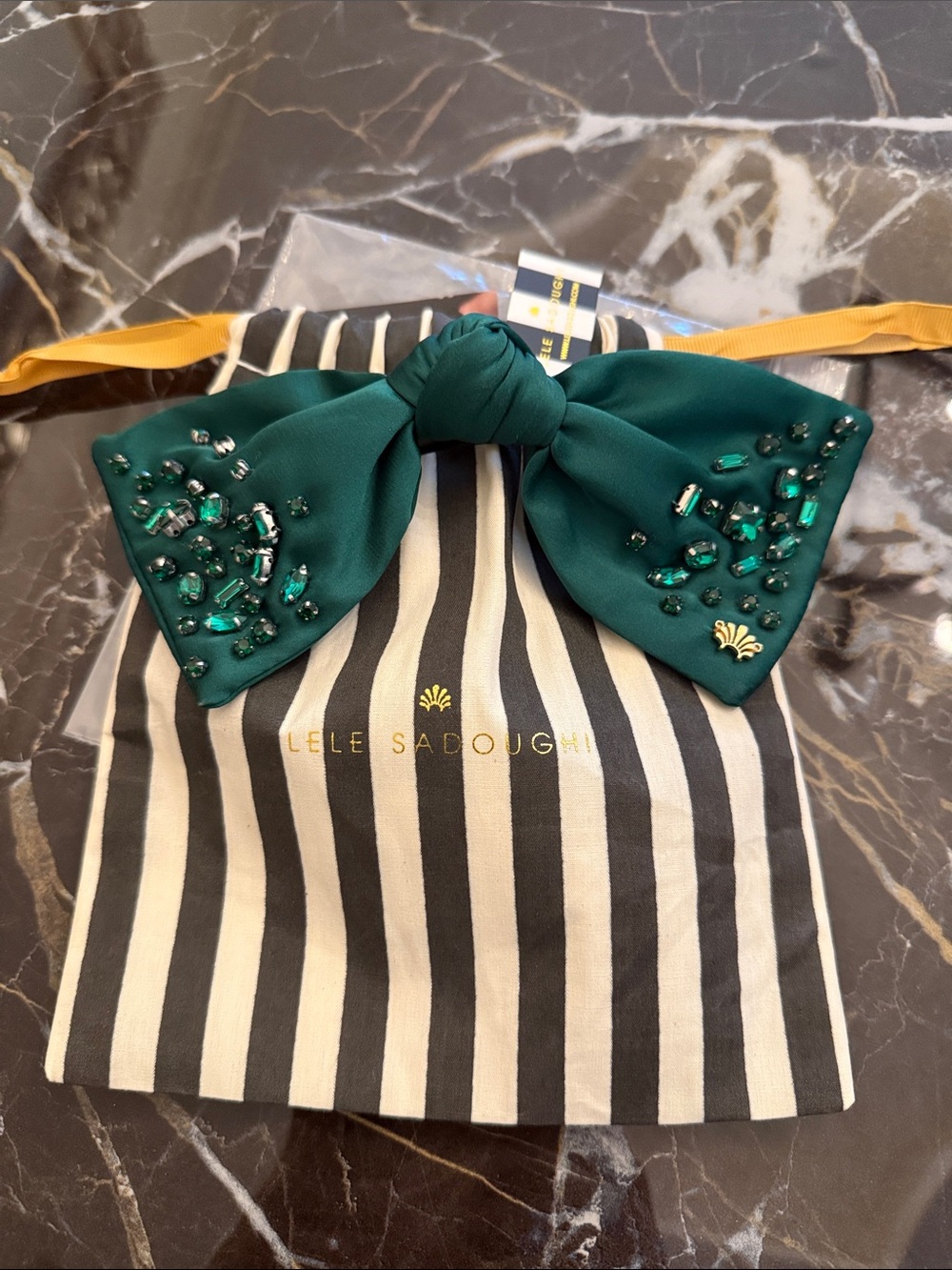 Lele Sadoughi Emerald Satin Jeweled Bow Hair Clip